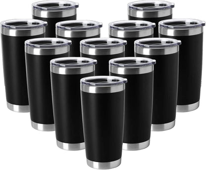 HASLE OUTFITTERS 20oz Tumblers Stainless Steel Mugs with Lid Double Wall Vacuum Insulated Coffee Cups for Cold & Hot Drinks (20oz-Black, 12 Pack)