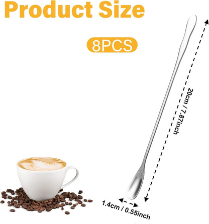 8 PCS Stainless Steel Coffee Stirrers - Long Spoon Reusable Cocktail Stir Sticks - 7.87 Inch Bar Spoon for Stirring Coffee, Cold Drink