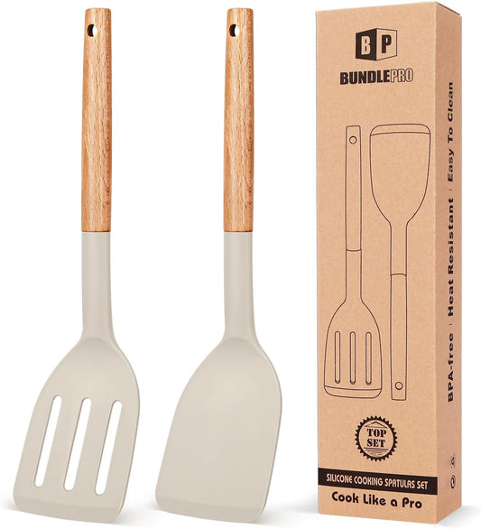 Pack of 2 Silicone Cooking Spatula, Heat Resistant Solid Turner, Non Stick Slotted Spatulas with Wooden Short Handle,Ideal Wood Kitchen Utensils Set for Frying, Baking, Flipping, Turning