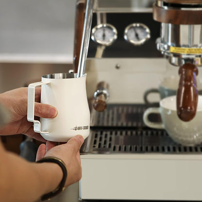 MHW-3BOMBER Milk Frothing Pitcher 520ml/17.6oz Milk Frother Cup Espresso Steaming Pitcher Stainless Steel Milk Frother Cup Barista Latte Art Round Spout Milk Jug, Cream white P6019W-OS