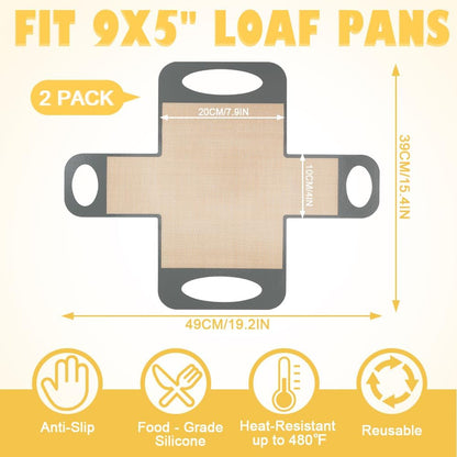 2 Pack Reusable Silicone Bread Loaf Pan Liners, Non-Stick & Easy Clean Baking Mats with 4 Handles for 9x5" Baking Loaf Pans, Baking Accessories for Baking Bread, Cookies