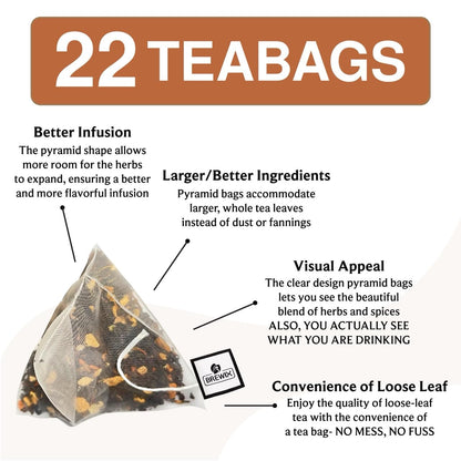 BREWIX, Masala Chai Tea Bags (22 Pyramid Tea Bags) Strong, Robust & Spicy - Pure Ingredients | Black Tea, Cinnamon, Ginger, Black Pepper, Cardamom & Cloves, Packed in Resealable Ziplock Pouch