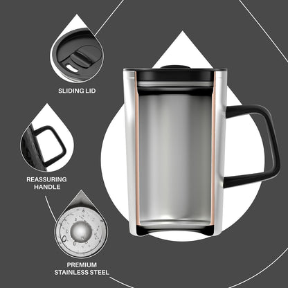 Ideus Vacuum Insulated Coffee Mug, 16oz Reusable Stainless Steel Thermal Double Walled cup with Handle and Slider Lid for Hot & Cold Beverages, BPA Free (Leapord Black)