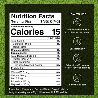 VitaCup Hydration Matcha Instant Packets, for Natural Energy and Detox, w/Electrolytes, Ceremonial Grade Organic Matcha, Coconut Water, Pink Himalayan Salt, Magnesium, in Single Serve Sticks, 20 Ct