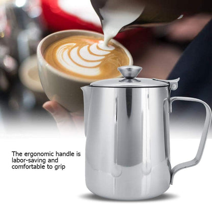 Stainless Steel Coffee Cup Mug Milk Frothing Pitcher Jug with Lid for Latte Coffee Art for Office Kitchen with handle(350mL)