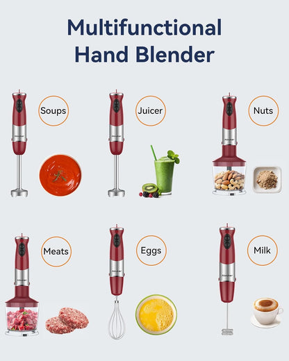 Immersion Blender Handheld 1000W 5 in 1 Corded Stick Hand Blender Kitchen with 12 Speed, BPA-Free, Mixing Beaker, Chopper, Whisk, Milk Frother, Perfect Emulsifier for Soup, Baby Food, Sauce, Puree