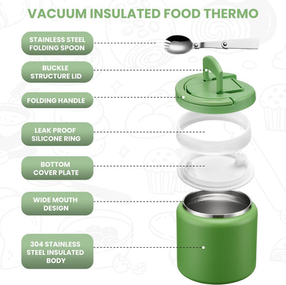 Soup Thermo for Hot Food Kids 25.5oz Lunch Containers with Buckle Lid Wide Mouth Hot Food Jar Vacuum Insulated Stainless Steel Bento Box Leakproof with Spoon(Green)