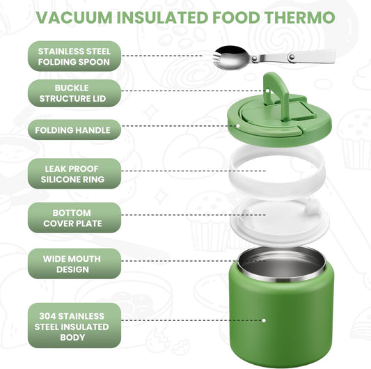Soup Thermo for Hot Food Kids 25.5oz Lunch Containers with Buckle Lid Wide Mouth Hot Food Jar Vacuum Insulated Stainless Steel Bento Box Leakproof with Spoon(Green)