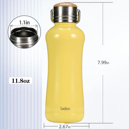 YOHKOH Mini Insulated Water Bottle With Bamboo Lid - 11.8oz Small Vacuum Insulated Water Bottle for Women Kids, 12 Hrs Hot & 24 Hrs Cold Stainless Steel Thermos Leak-Proof BPA-Free (11.8oz,Yellow)