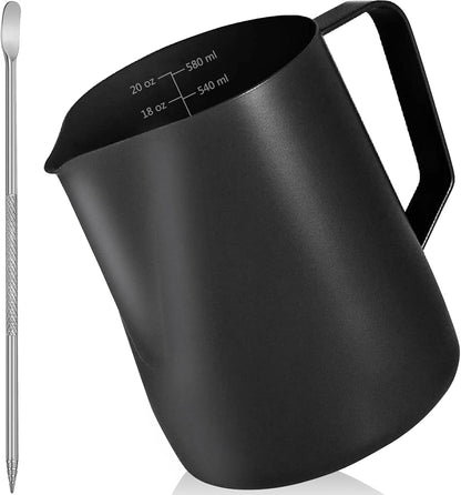 Milk Frother Pitcher 20 OZ，Espresso Milk Frothing Pitcher, Milk Steamer Cup Steaming Pitcher, Stainless Steel Coffee Froth Cup with Latte Art Pen for Coffee Cappuccino (Black)