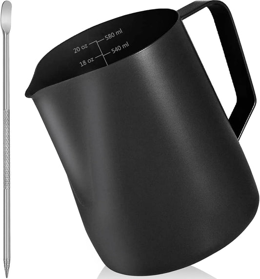 Milk Frother Pitcher 20 OZ，Espresso Milk Frothing Pitcher, Milk Steamer Cup Steaming Pitcher, Stainless Steel Coffee Froth Cup with Latte Art Pen for Coffee Cappuccino (Black)