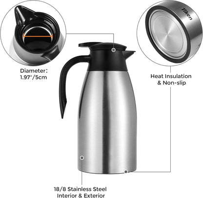 Tiken 68 Oz Thermal Coffee Carafe, Stainless Steel Insulated Vacuum Coffee Carafes For Keeping Hot, 2 Liter Beverage Dispenser (Silver)