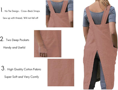Women's Pinafore Square Apron Baking Cooking Gardening Works Cross Back Cotton/Linen Blend Dress with 2 Pockets