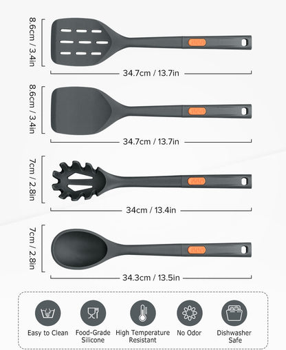 Silicone Spatulas and Spaghetti Spoons, 4 Pack Heat Resistant Full Silicone Cooking Utensils Set, Non Stick Large Kitchen Spatula Spoons for Cooking, Mixing, Serving, Draining