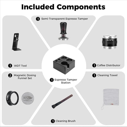 IKAPE 58mm Black Espresso Tool Set 8 IN 1, Coffee Tamper, Distributor, Magnetic Funnel, Puck Screen, Tamper Station, Stirrer Distribution Tool, Cleaning Towel and Brush