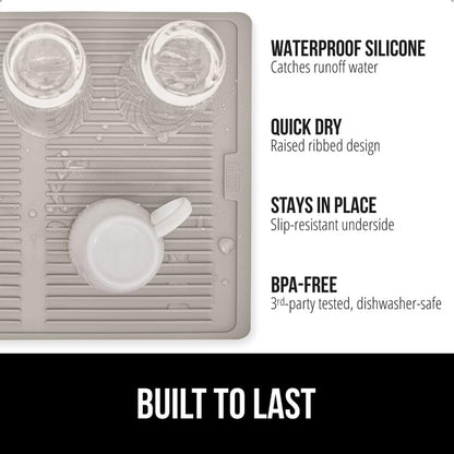 GORILLA GRIP 100% BPA-Free Patented Silicone Dish Drying Mat for Kitchen Counter, Water Catching Ribbed Design, Easy Clean Waterproof Sink Liner, Heat Resistant, Fits Under Rack, 13x11 Inch, Almond