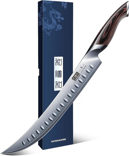 Carving Slicing Knife, 10 Inch Japanese High Carbon Steel Brisket Knife with Ergonomic Pakkawood Handle, Razor Sharp Curved Butcher Breaking Knives for Meat Cutting