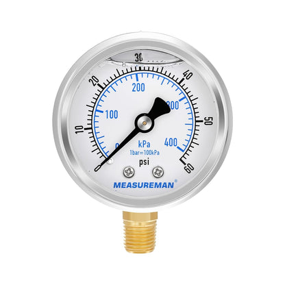 MEASUREMAN Pool Filter Pressure Gauge Replacement, 0-60 PSI, 2-inch Dial, 1/4 NPT Bottom Mount, Stainless Steel, Oil Filled, Waterproof