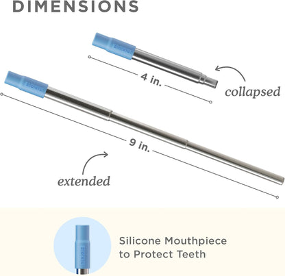 ZOKU Reusable Metal Straw with Case for Travel, Blue - Collapsible Stainless Steel Drinking Straw with Silicone Tip and Cleaner Brush, Ideal for Key Chains, Pockets, Purses
