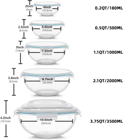 WhiteRhino Glass Mixing Bowl with Lids Set of 5, 0.2, 0.5, 1.1, 2.1, 3.75 QT, Large Salad Bowls with BPA-Free Lids, Space-Saving Nesting Bowls for Kitchen Food Storage, Glass bowl for Cooking, Baking