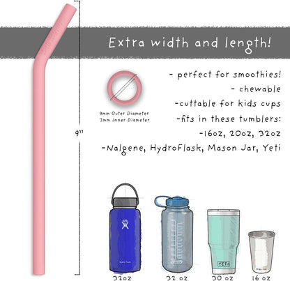 Reusable Silicone Drinking Straws - Big Size with Curved Bend for Tumblers Made from BPA Free No-Rubber Silicon - Flexible, Collapsible, Chewy, Bendy, Safe for Kids/Toddlers