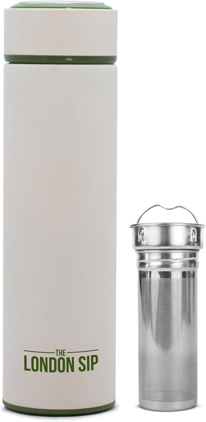 London Sip 16.9 oz Multi-Purpose Tea Infuser Mug – Fruit Infuser Water Bottle for Hot and Cold – Double Wall Stainless Steel Insulated, Safari Beige