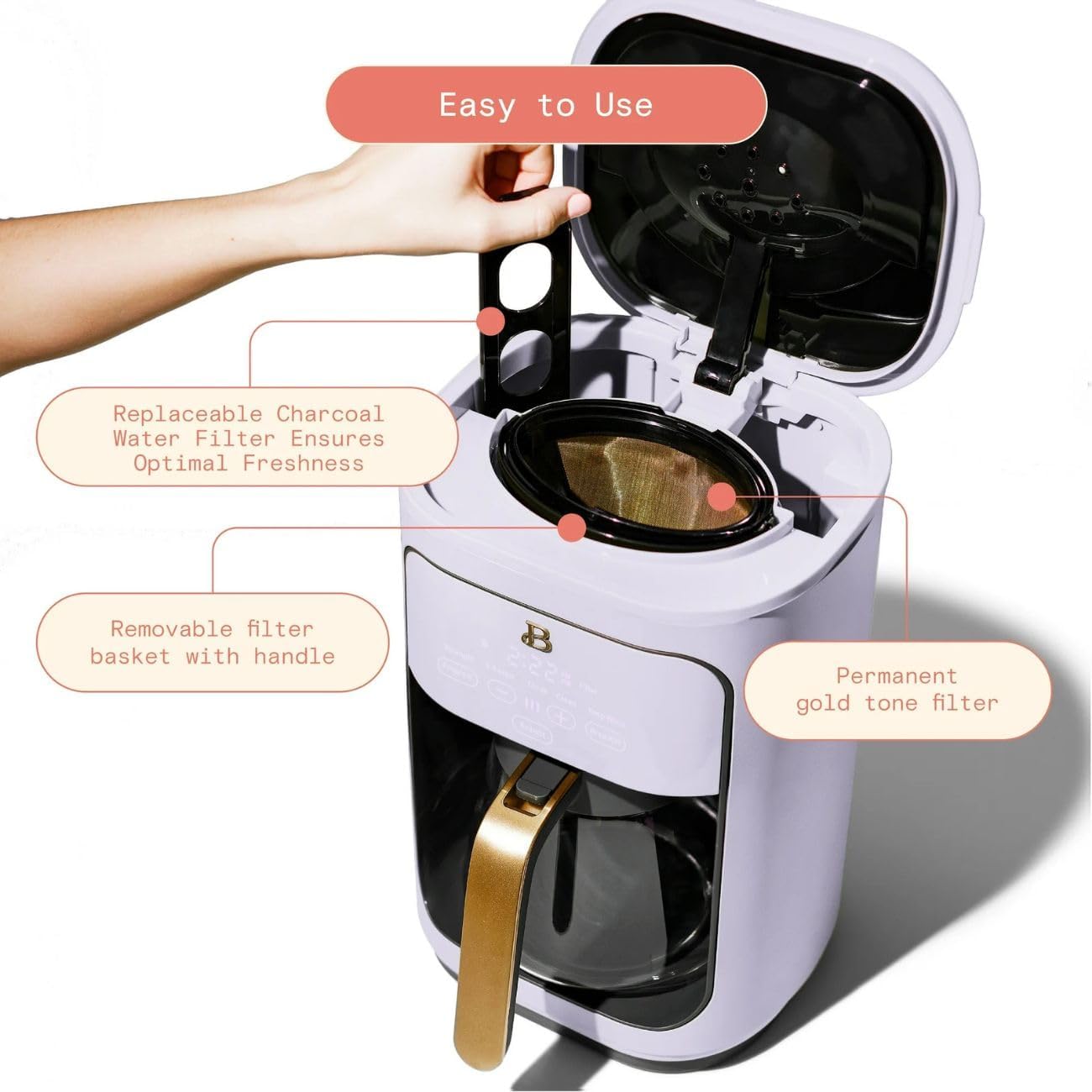 Beautiful Coffee Maker, 14-Cup, Touch Display, Programmable, 1200W, Stainless Steel, Keep Warm, 24h Timer dishwasher-safe (LAVENDER)