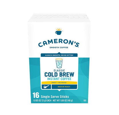 Cameron's Coffee Classic Cold Brew Instant Single Serve Sticks, Medium Roast , 100% Arabica , 128 Count