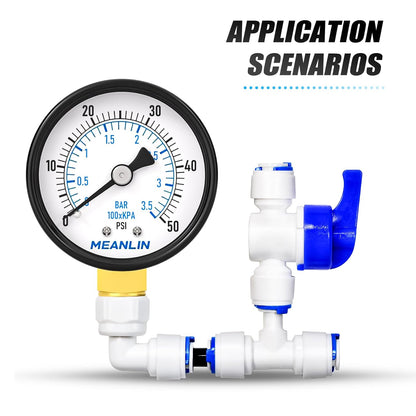 MEANLIN MEASURE 0-50Psi 2" DIAL FACE 1/4" NPT Well Pump Pressure Gauge, with 1/2" NPT and 3/8" NPT Hex Bushing, 3-2-3% Accuracy, Lower Mount
