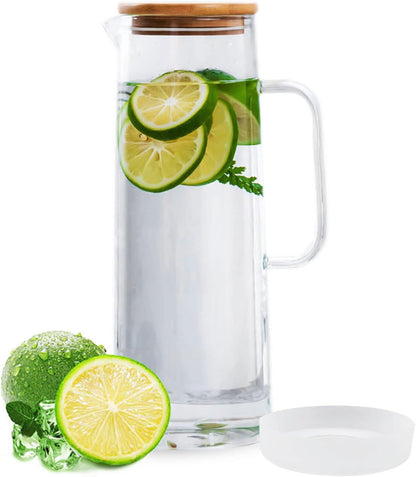 hjn Glass Pitcher with Lid Glass Water Carafe with Handle, Fridge Water Jug Cold or Hot Beverages, Iced Tea, Milk, Juice 1500ml/51oz & bamboo lid