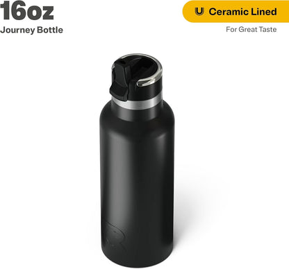 RTIC 16oz Journey Bottle Metal Stainless Steel Vacuum Insulated, BPA Free, Reusable, for Water, Hot and Cold Drinks, Travel, Sports, Camping, Black