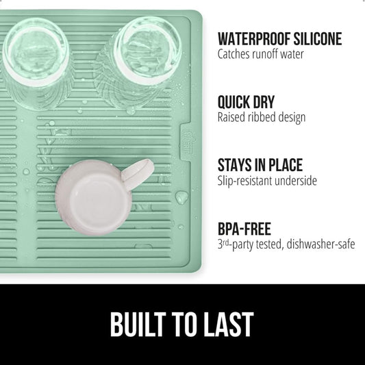 GORILLA GRIP 100% BPA-Free Patented Silicone Dish Drying Mat for Kitchen Counter, 18x24 Inch, Water Catching Ribbed Design, Easy Clean Waterproof Sink Liner, Heat Resistant, Fits Under Rack, Mint