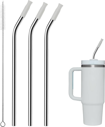 Reusable Stainless Steel Straws with Silicone Tip for Stanley 30oz, Metal Drinking Straws for 30oz Tumbler,3 Bent Tubes & 6 Tips& 1 Cleanr Brush (Ash)