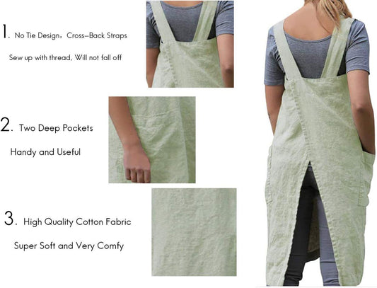 Women's Pinafore Square Apron Baking Cooking Gardening Works Cross Back Cotton/Linen Blend Dress with 2 Pockets