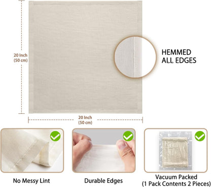 Olicity Cheese Cloths, 2PCS, Double-Layer, 20x20Inch, Reusable Grade 90 Cheese Cloth Bag for Straining, Hemmed Unbleached Cotton Precut Fine Mesh Muslin Cheesecloth for Juicing, Butter, Canning