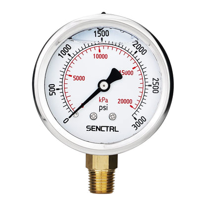 SENCTRL 3000 Psi Glycerin Liquid Filled Hydraulic Pressure Gauge, 2.5" Dial Size, 1/4" NPT Lower Mount, Stainless Steel Case, for Air Gas Water Oil Pressure Test