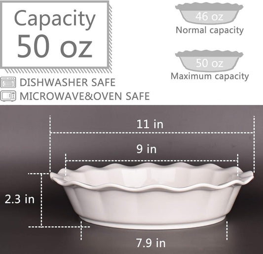 Bosmarlin Ceramic Pie Pan, 9 Inches Pie Dish, 50 Oz, Pie Plate for Baking, Microwave, Oven Safe and Dishwasher safe (White, 9 inches)