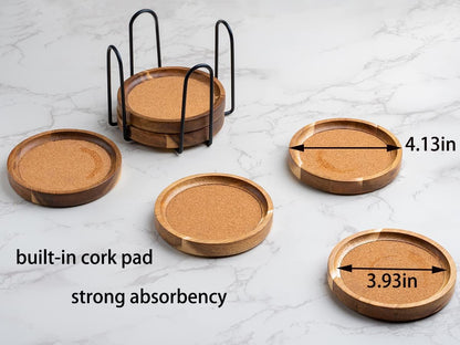 Coasters for Drinks Absorbent with Holder, Acacia Wood Cork Coaster for Coffee Table Wooden Table Coaster for Farmhouse Desk Extra Large Coasters, Set of 6