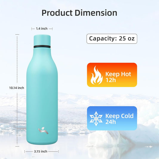 Insulated Water Bottle with Strap,25 oz Double Wall Stainless Steel Vacuum Bottles Metal Water Flask,Turquoise