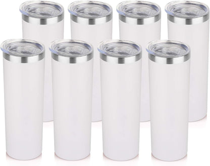 HASLE OUTFITTERS 20 oz Skinny Tumblers Bulk Set, Stainless Steel Insulated Slim Tumblers with Lids, Reusable Double Wall Travel Coffee Mugs, Durable Powder Coated Travel Water Cups(White, 8)