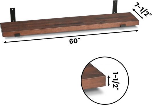 CONSDAN Floating Shelves for Wall Mounted Book Shelf Hanging Shelves Floating Bookshelf for Bedroom, Bathroom, Living Room, Kitchen USA Grown Solid Hardwood, Dark Maple 60x7.5x1.5 in (Set of 2)