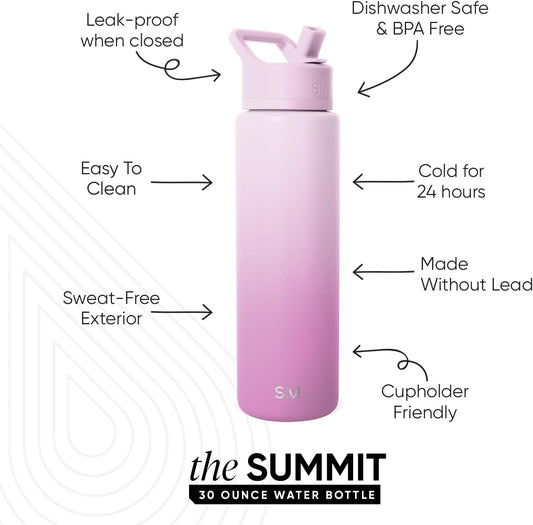 Simple Modern Water Bottle with Straw Lid | Vacuum Insulated Stainless Steel Metal Thermos | Reusable Leak Proof BPA-Free Flask for Sports Gym | Summit Collection | 30oz, Violet Dreams