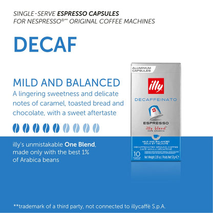 Illy Espresso Compatible Capsules - Single-Serve Coffee Capsules & Pods - Classico Decaf Roast - Notes Of Caramel, Toasted Bread & Chocolate Pods - For Nespresso Coffee Machines – 10 Count