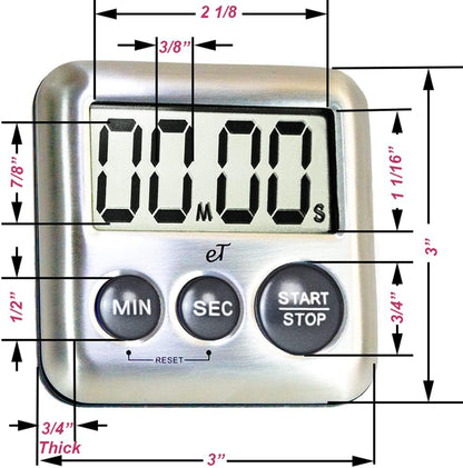 Elegant Digital Kitchen Timer Stainless Steel - Charcoal -Strong Magnetic Back - Kickstand - Loud Alarm - Large Display - Auto Memory - Auto Shut-Off (Charcoal) by eTradewinds