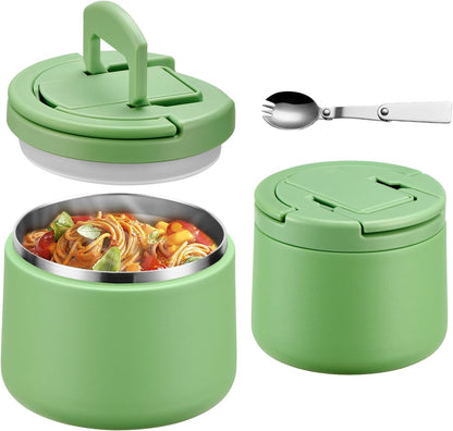 14oz Insulated Vacuum Food Jar with Buckle Lid,Soup Thermo for Hot Food Kids,Wide Mouth Leakproof Stainless Steel Lunch Container with Spoon-Green