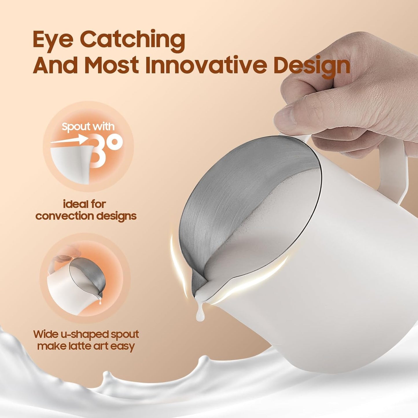 MHW-3BOMBER Milk Frothing Pitcher - 20oz/600ml Milk Frother Cup with U-Shaped Spout - SUS 304 Steaming Pitcher - Cappuccino Latte Art Cup for Barista - Quadrilateral Body - Cream White P5181-OS