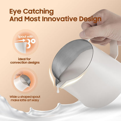 MHW-3BOMBER Milk Frothing Pitcher - 20oz/600ml Milk Frother Cup with U-Shaped Spout - SUS 304 Steaming Pitcher - Cappuccino Latte Art Cup for Barista - Quadrilateral Body - Cream White P5181-OS