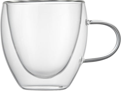Restaurantware-Forma Professional 5.1 Ounce Glass Coffee Cups, 12 Insulated Coffee Cups With Handle - Dishwashable, Reusable, Clear Double Wall Beverage Tumblers, Freezable, For Hot Or Cold Beverages