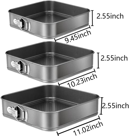 Springform Cake Pan Set of 3 (9.5, 10, 11 Inch) Square Baking Pans Nonstick Cheesecake Pans with Removable Bottom Bakeware for Cake, Cheesecakes, Pizza, and Quiches