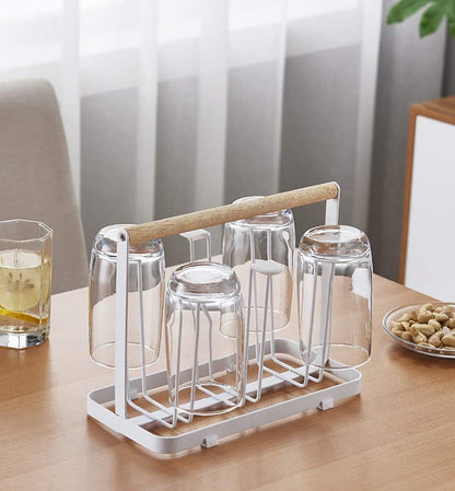 Cup Drying Rack Stand, 6 Cup Metal Drainer Holder Rack Non-Slip Mugs Cups Organizer with Wood Handle, White